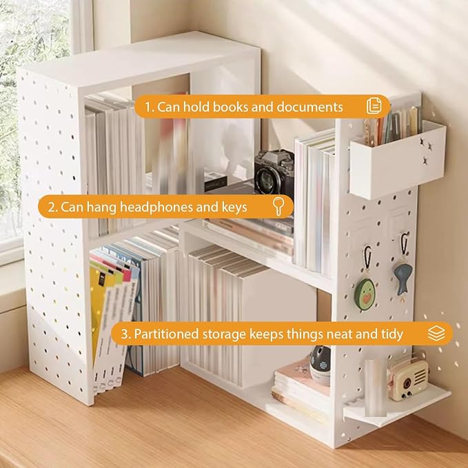 Corner Desktop Bookshelf, Multipurpose Desk Organizer Shelves with Pegboard, Countertop Display Rack for Home Office Dorm