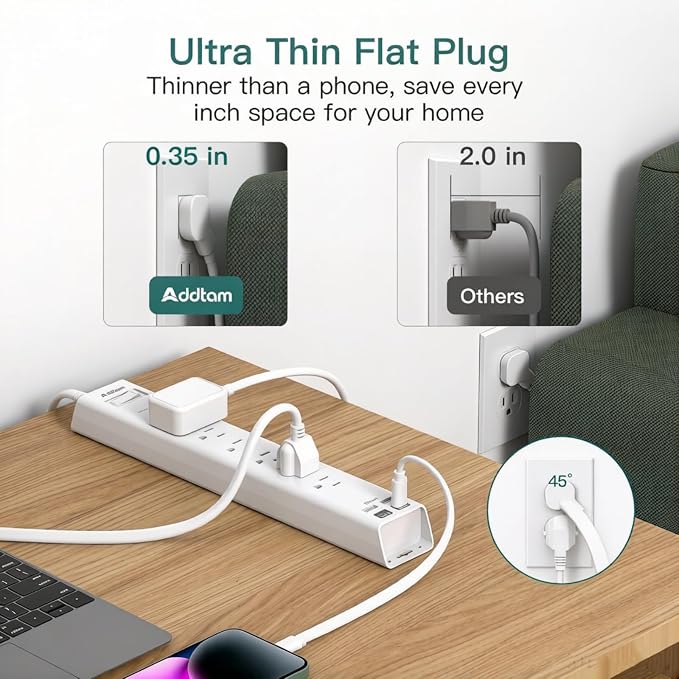Addtam 15ft Power Strip Surge Protector, 6 Outlets and 4 USB Ports (2 USB C), 15 ft Long Extension Cord with Ultra Flat Plug, Wall Mount Desktop Charging Station for Home Office, Dorm Room