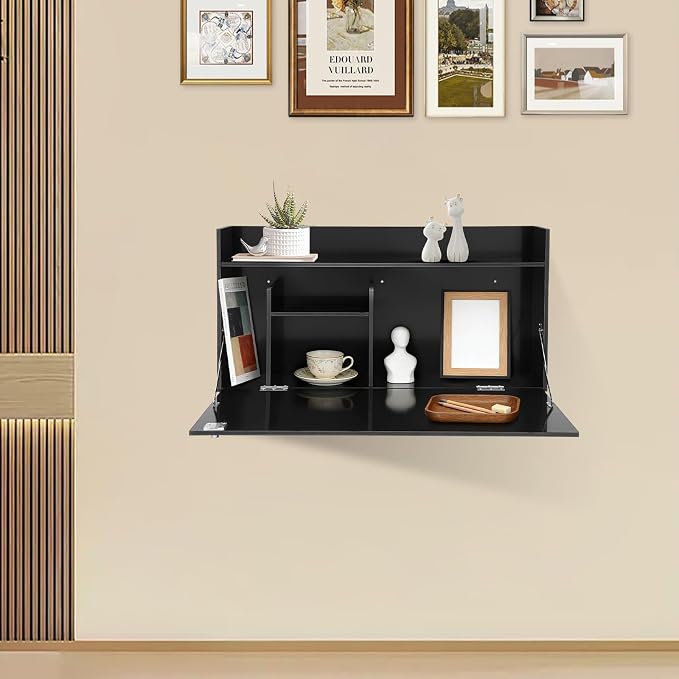Wall-Mounted Foldable Desk Cabinet with Storage Drawers, Space-Saving PVC Organizer for Home Office, Study Room, Bedroom, Small Apartment & Remote Work (Black)