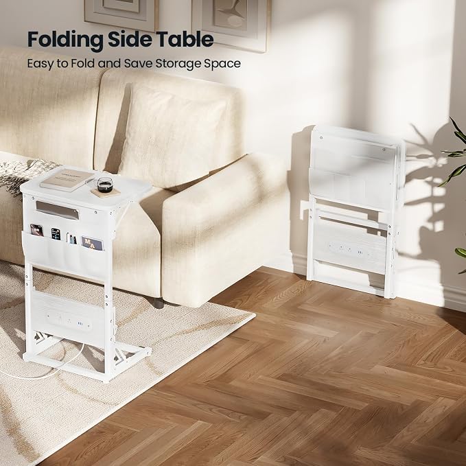 HLDIRECT C Shaped End Table with Charging Station, Couch Side Table with Storage Bag, Foldable TV Tray with 2 USB Ports and Outlets for Living Room, Bedroom, White