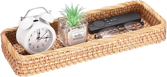 Hipiwe Rattan Basket Tray Handwoven Key Basket Holder for Entryway Long Narrow Bathroom Sink Vanity Tray Toilet Tank Basket Wicker Decorative Trays for Home Decor, 15.8"x 6"x2.2"