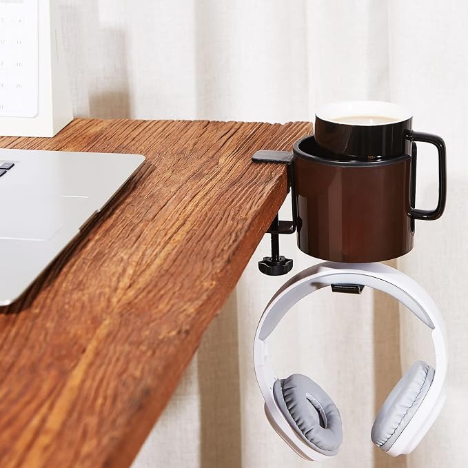 GUNKING Luxury 2-in-1 Anti-Spill Cup Holder with Under Desk Headphone Hanger (Coffee Brown)
