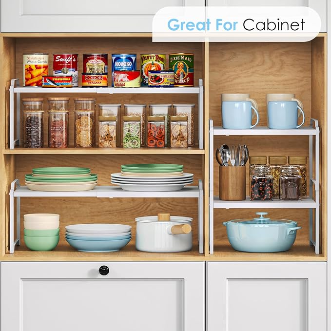 2 Pack 11” Depth Expandable Kitchen Cabinet Organizer Shelves, Heavy Duty Kitchen Countertop Organizers and Storage Rack, Stackable Metal Small Storage Shelf For Pantry Counter Cupboard Organization