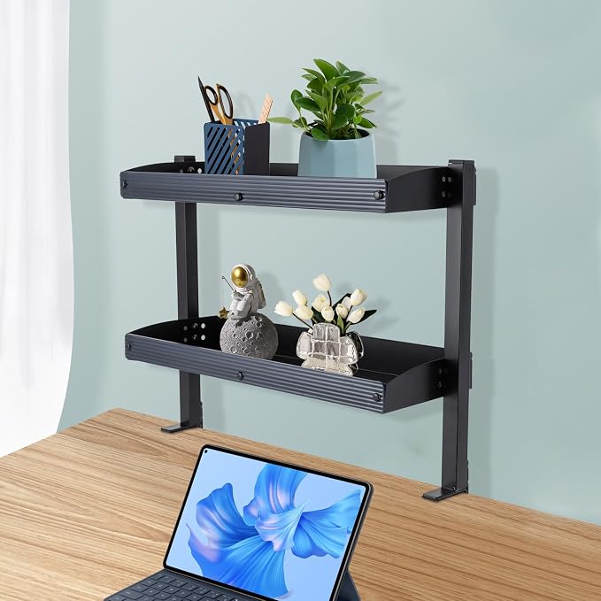 16 inch Clamp on Desk Shelf, 2 Tier Shelving Unit Above or Below Desk, Desk Extension Organizer, Modern Desktop Display Shelf for Desktop Accessories, Office Organization