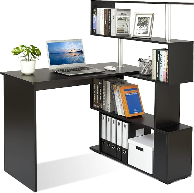 Mondeer 41.7" L Shaped Desk with 4-Tier Storage Shelves, Computer Corner Desk for Study Home Office Living Room (Black)