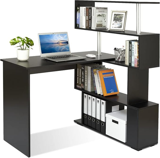 Mondeer 41.7" L Shaped Desk with 4-Tier Storage Shelves, Computer Corner Desk for Study Home Office Living Room (Black)