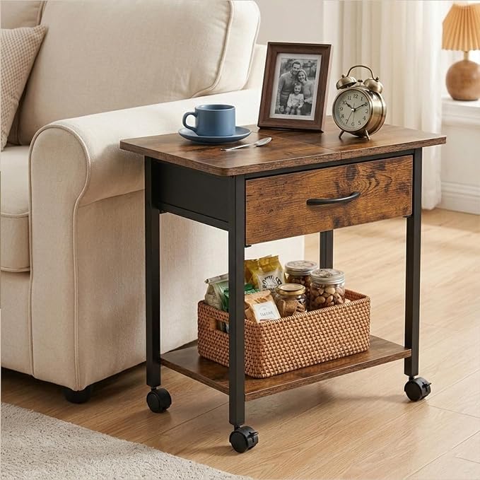 22" x 15" Under Desk Rolling Printer Stand, 2-Tier Industrial Mobile Printer Table with Strong Fabric Drawer,Storage Shelf, Steel Frame and Lockable Wheels, Printer Cart for Home Office (Rustic Brown)