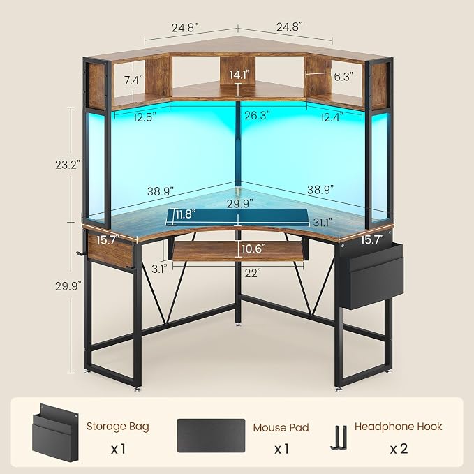 SEDETA Corner Desk, 39" W x 62" H Small Office Desk with Hutch & LED Lights, Triangle Gaming Computer Desk with Keyboard Tray, Storage Bag, and Headphone Hook for Small Space, Rustic Brown