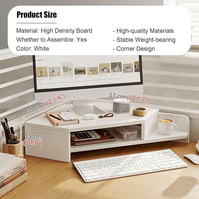 Kunovo Corner Monitor Stand with Double Storage Space, Ergonomic Triangle Desktop Corner Shelf, Save Space Desk Organizer Shelf for Office/Home (Color : White)