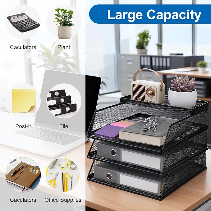 4-Piece Desk Organizer Set with 3 Slanted Paper Trays and Top Caddy, Metal Mesh Desktop File Organizer, Stackable Letter Trays for Document Storage in Home, Office, School (Black)