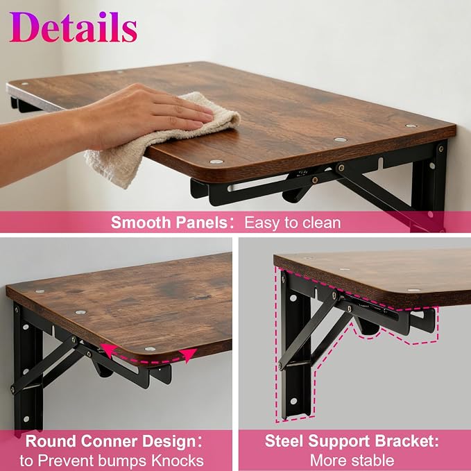 Wooden Folding Shelf Wall Mounted for Small Space, Wall Table for Living Room Bedroom Decor, Home Office Floating Fold Down Desk, Media Shelves with Heavy-Duty Brackets Holds Up to 30lbs, 21.6"*11.8"