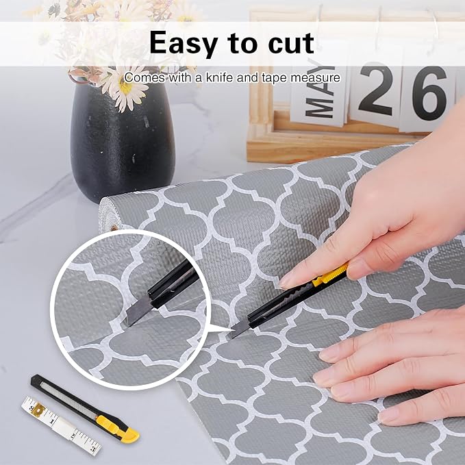 Drawer and Shelf Liner for Kitchen Cabinet,Non-Adhesive Cabinet Liner 24in x 30FT,Waterproof Shelf Paper Non-Slip Mats Cupboard Liners Contact Protect Dresser/Shelves/Table-Grey Lantern