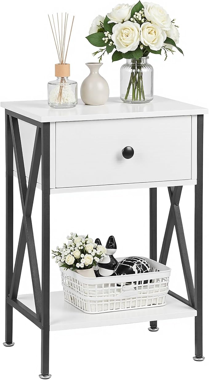 VECELO Night Stand with Drawer, 2 Tiers Storage Shelves End Table, Small Side Table for Small Spaces,Night Stand for Living Room, Bedroom, White
