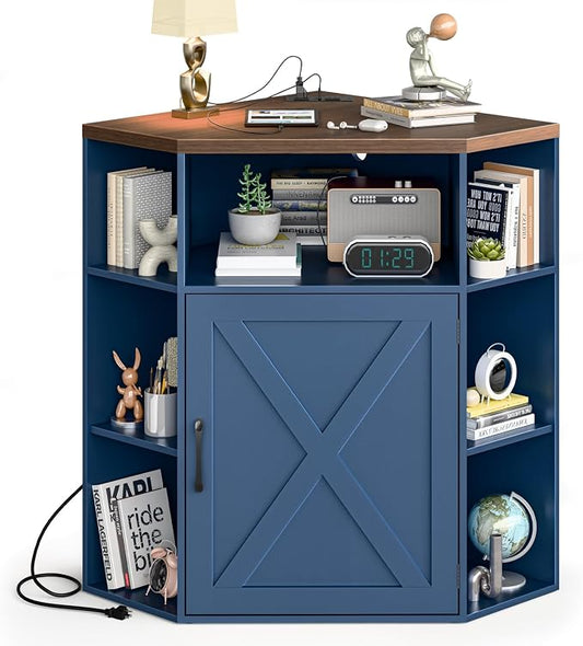 Halitaa Corner Storage Cabinet, Farmhouse Corner Bookshelf with Storage 6-Cubby Wooden Cabinet with USB Ports and Outlets Industrial Organizer for Small Space, Study, Playroom, Blue and Brown