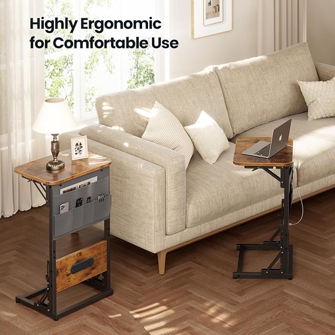 HLDIRECT C Shaped End Table with Charging Station, Couch Side Table with Storage Bag, Foldable TV Tray with 2 USB Ports and Outlets for Living Room, Bedroom, Rustic Brown