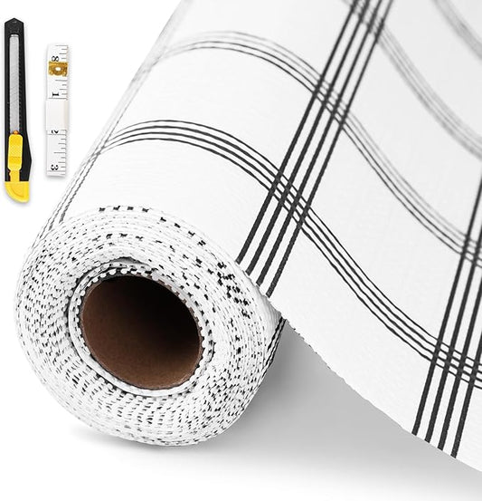 Drawer and Shelf Liner for Kitchen Cabinet,Non-Adhesive Cabinet Liner 18in x 20FT,Waterproof Shelf Paper Non-Slip Mats Cupboard Liners Contact Protect Dresser/Shelves/Table-White Stripes