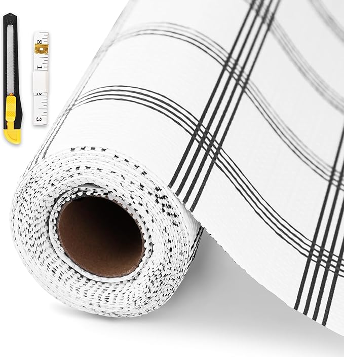 Drawer and Shelf Liner for Kitchen Cabinet,Non-Adhesive Cabinet Liner 24in x 30FT,Waterproof Shelf Paper Non-Slip Mats Cupboard Liner Contact Protect Dresser/Shelves/Table-White Stripes