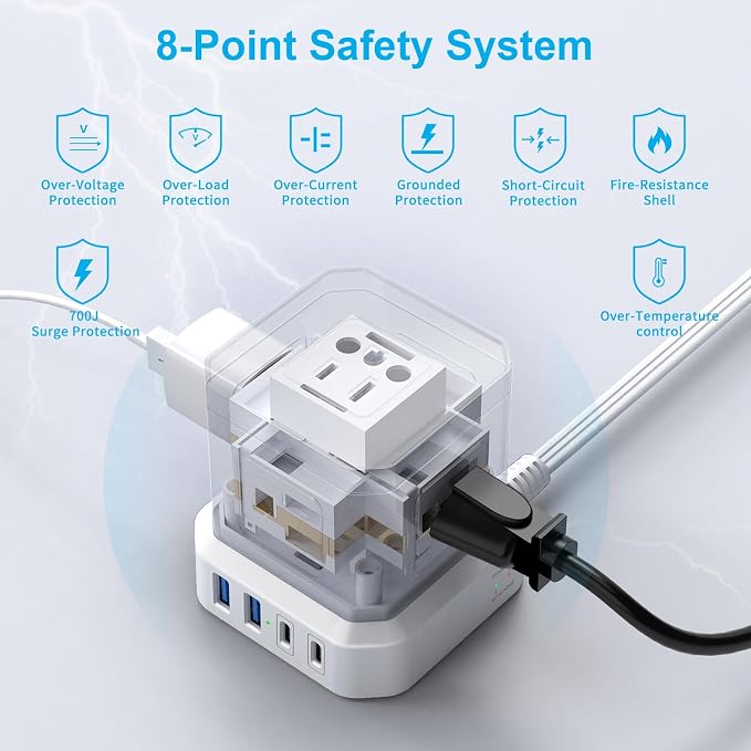 TOPREK Power Strip 25 FT Extra Long Extension Cord | Flat Plug Surge Protector (700J) with 5 Outlets, 2 USB-C, 2 USB-A for Apartment, Home Office, Recreational Vehicle