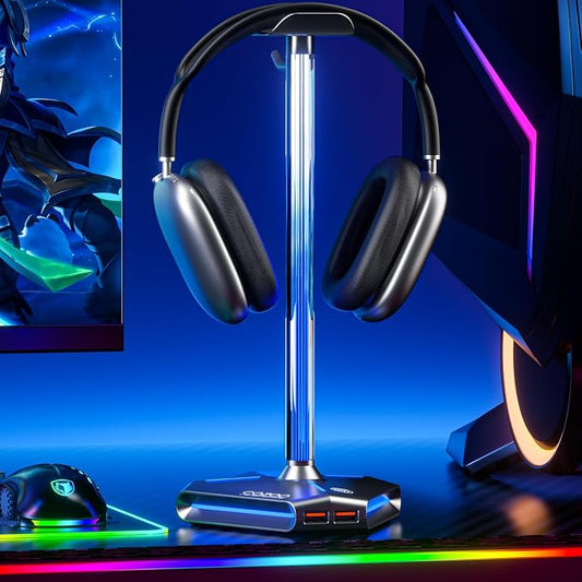 RGB Headphone Stand with 2 USB2.0 Extension Charging Port Extender Cord,Headset Stand Holder for Gamer Desktop Table Game Earphone Accessories,PC Gaming Accessories for Gamer,Gifts for Boyfriend（Grey）