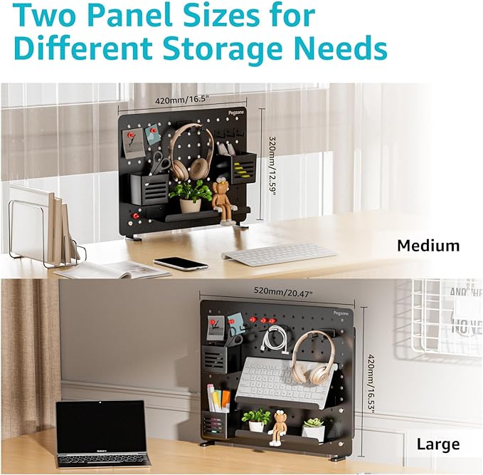 PEGZONE Clamp-on Desk Pegboard, Desk Organizer for Office Gaming Home, Magnetic Metal Peg Board with 15 Accessories, Privacy Panel, 20.4" x 16.5", Large, Black