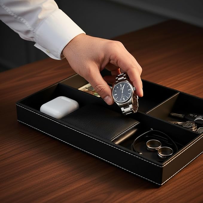 Leather Valet Tray Organizer, Stackable Nightstand & Dresser Storage Tray, Entryway Desk Catchall Tray for Keys Wallet Watch Phone, Bedside Desktop PU Leather Drawer Caddy Tray - Black