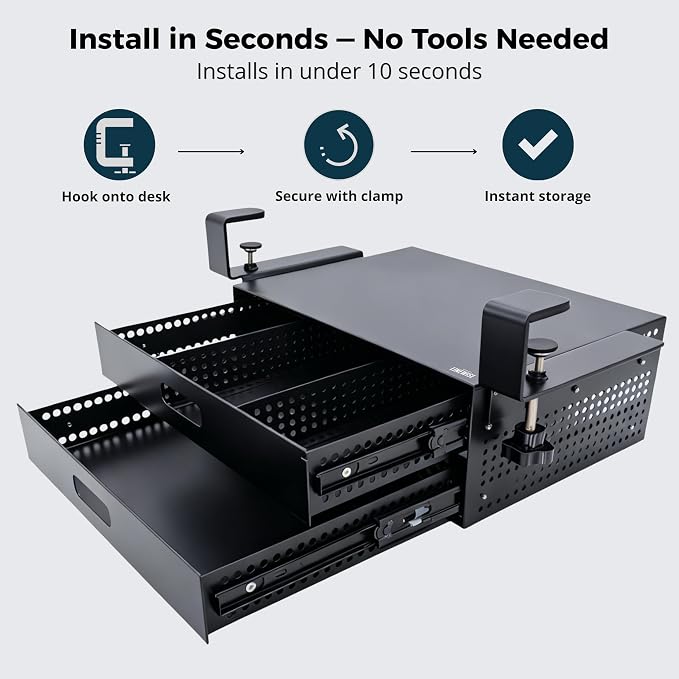 Under Desk Drawer – Clamp-On No-Drill Metal Organizer, Slide-Out Storage for Home & Office Desks
