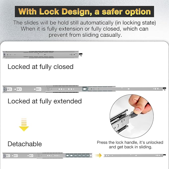 YENUO Heavy Duty Drawer Slides Full Extension With Lock Side Mount 12 14 16 18 20 22 24 26 28 30 32 34 36 40 Inch Ball Bearing Metal Rails Track Guide Glides Runner 140 Lbs 1 Pair (With Lock, 20 inch)