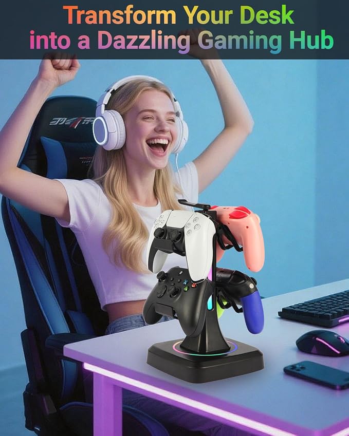 Controller Headset Stand with 10 Color Light Modes - RGB Headphone Holder for PS5, Xbox, Switch - Gaming Room Decor, Desk Organizer for Gamers