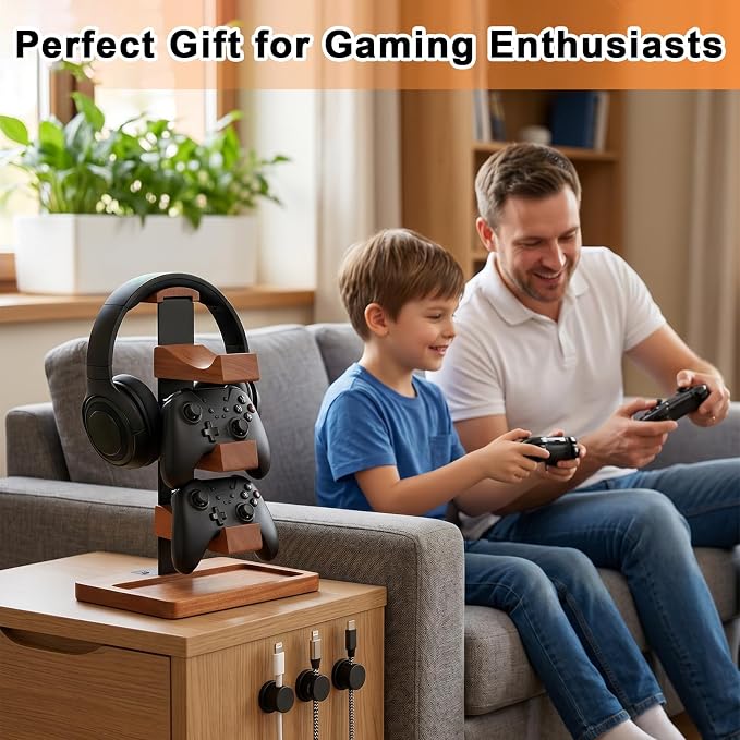 Headset Stand with Dual Controller Holder, Solid Wood Headphone Stand with Storage Base, Gaming Equipment Accessories for Desk, Controller Holder for Gamers