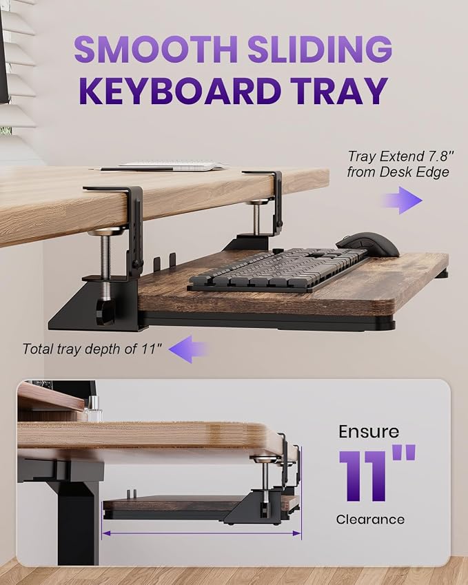 Ergonomic Mouse & Keyboard Tray Under Desk, Pull Out with Adjustable C-clamp, 20 (25.9 Including Clamps) x 11.8 Inch Slide Out Computer Keyboard Drawer Mouse Tray for Typing, Rustic Brown