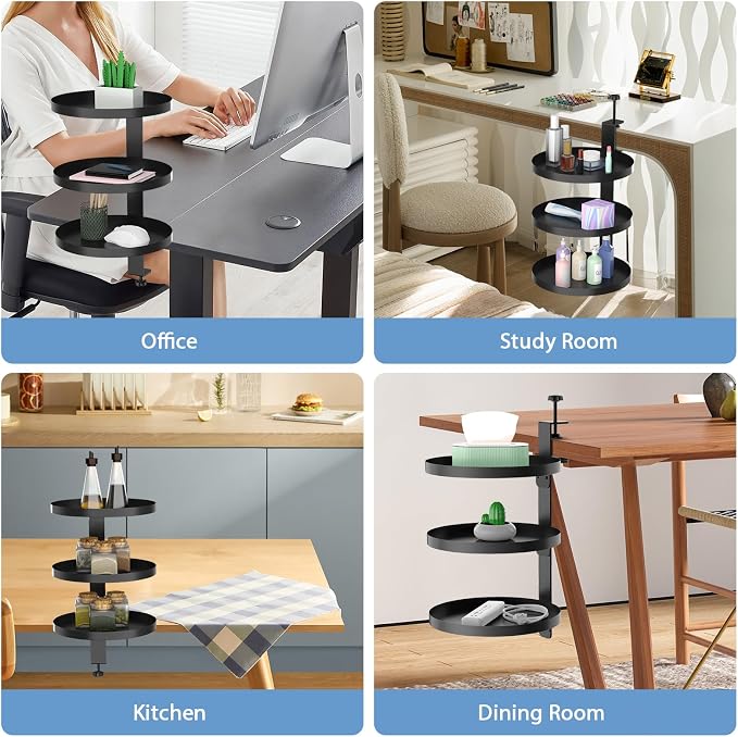 Swivel Clamp On Desk Shelf with 9.8in Adjustable Metal Storage Tray Above or Under Desk Storage 3-Tier Desk Extension Shelving Unit No Drilling Desktop Shelves for Max Desktop Thickness 2.4in