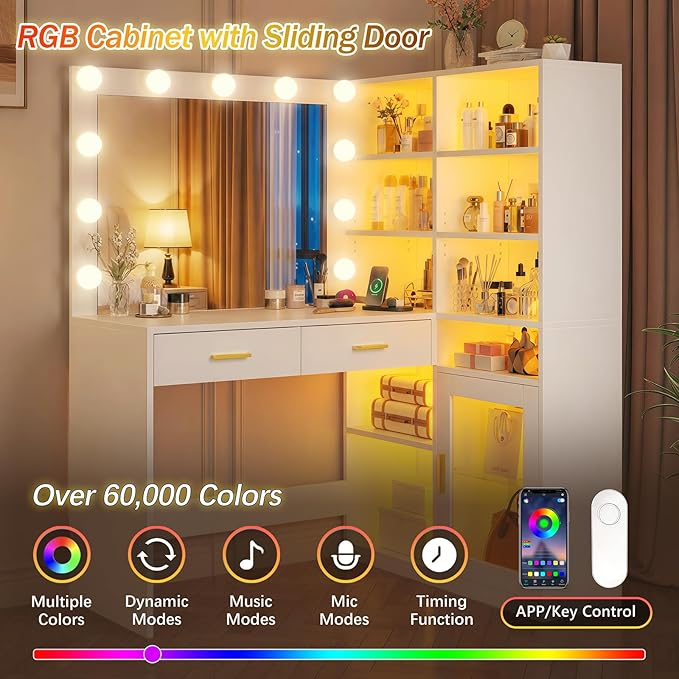 Corner Vanity Desk with Lighted Mirror & 9 Open Storage Shelves, L-Shaped Vanity with Charging Station & RGB Cabinet, White Makeup Vanity with Drawers, Large Makeup Desk with Storage for Bedroom