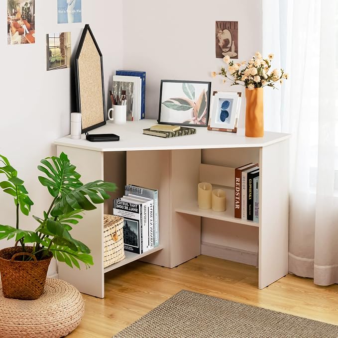 Small Corner Desk, 90 Degree Triangle Computer Workstation with Storage Shelves & CPU Stand, White Corner Vanity for Bedroom, Wooden Table for Small Spaces
