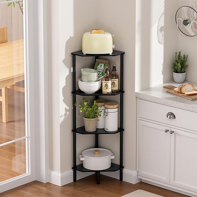 Corner Shelf Stand, 4 Tier Corner Bookshelf, Bamboo Storage Standing Shelf Unit, Tall Storage Plant Stand,Bookcase for Living Room, Home Office, Bedroom, Kitchen, Black