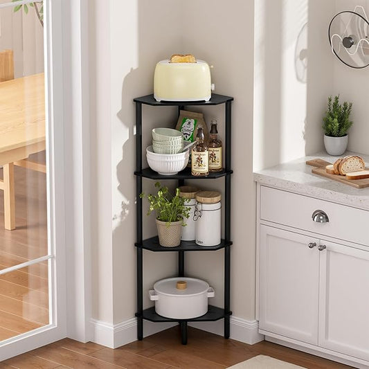 Corner Shelf Stand, 4 Tier Corner Bookshelf, Bamboo Storage Standing Shelf Unit, Tall Storage Plant Stand,Bookcase for Living Room, Home Office, Bedroom, Kitchen, Black