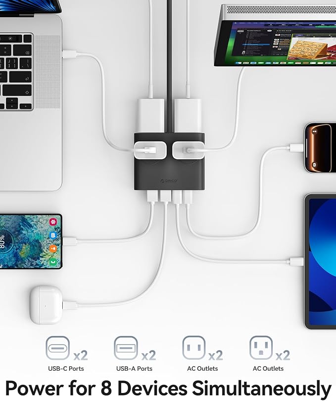 ORICO Power Brick, 25W GaN Power Strip, 8 in 1 Extension Cord with 4 AC Outlets and 2 USB-A and 2 USB-C Ports, 5ft Flat Plug Black Outlet Extender for Home/Dorm/Travel ETL Listed-PDC (1 PC)