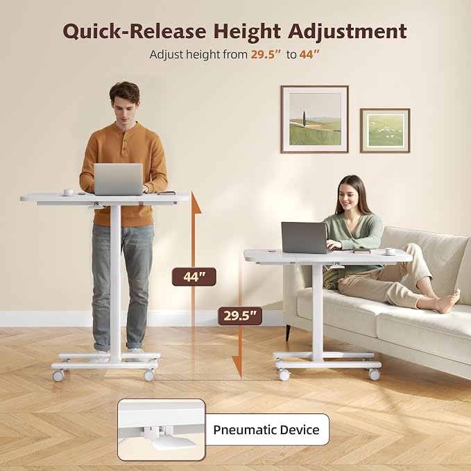 Homkdom C Shaped Table with Wheels, Side End Table with Extended Desktop, Adjustable Rolling Desk for Small Space, Dorm, Height Adjustment (29.5"-44"), White