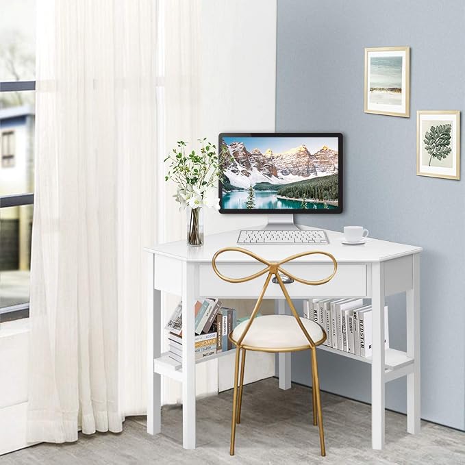 Tangkula White Corner Desk with Drawer, Storage Shelves for Computer, Makeup Vanity Desk for Small Space, 90 Degrees Triangle Desk