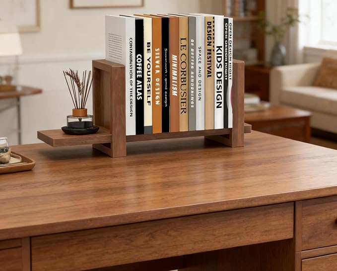 Adjustable Desktop Bookshelf Wooden Desk Book Holder Organizer Tabletop Bookshelf Mini Book Shelf Magazine Files Letters Storage Racks for Home Office Supplies, Great for Small Space (Walnut Brown)