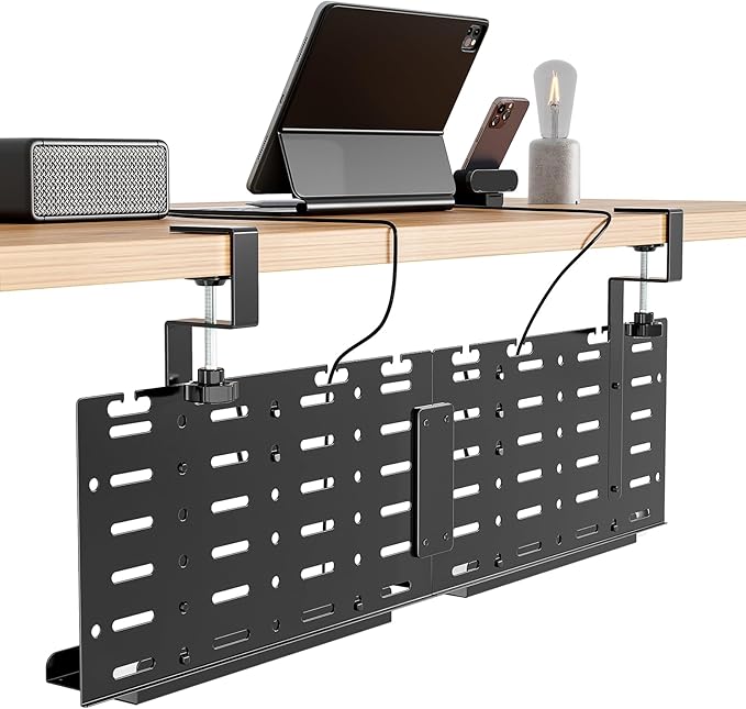 PEGZONE Under Desk Cable Management Tray, 30.2" Vertical Pegboard Organizer for Power Strip & Cords, with Hooks, Trays & Straps, No-Drill C-Clamp for Home Office, Black