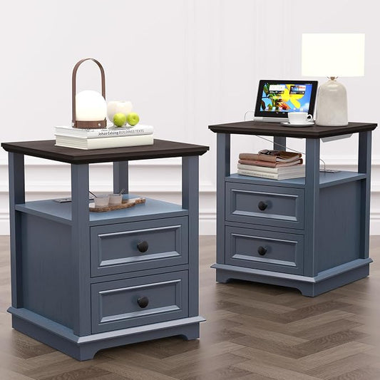 REDAYFUR 18" Wide End Table with Fast Charging Station Set of 2, 18” Wide Sofa Side Table with Drawers,End Table with Drawers for Living Room,Blue