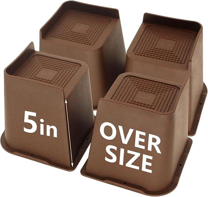 4 Pack Bed Risers 5 inch Heavy Duty Dark Brown, Oversized Furniture Risers, Bed Lifts Risers for Table, Sofa, Chair, Couch, Desk, Bed Frame Risers Supports Up to 6,500 Lbs