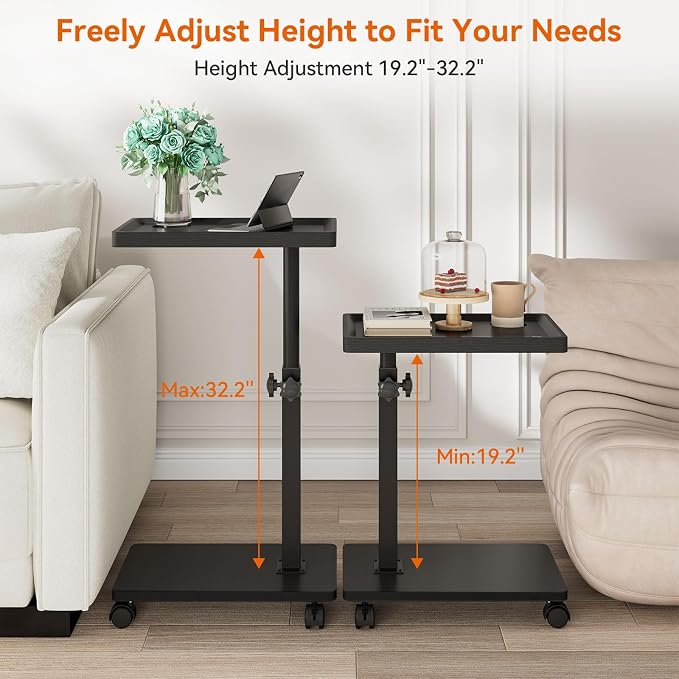 IBUYKE C Shaped Side Table Height Adjustable, 360° Swivel TV Tray Table with Wheels, End Table for Small Spaces,Living Room,Small Bedside Table for Eating, Dinner or Laptop,Black UTVT007B