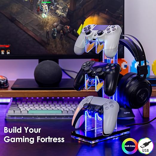OAPRIRE Controller Holder Headset Stand with Lights, 3 Tier Acrylic Gaming Controller Stand Compatible with PS4, PS5, PC, Switch, Universal Design (Black)