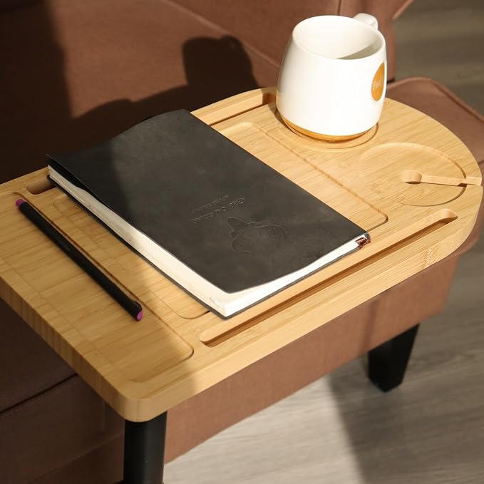 YUHFERA 360° Rotatable Sofa Tray Table for Couch Arm - Height Adjustable End Table for Bed or Chair with Phone & Tablet Slots, TV Tray Table, Side Table Tray for Small Spaces（Bamboo,Arc）