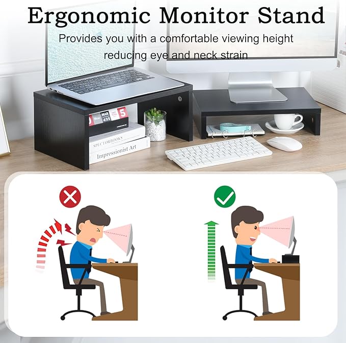 TEAMIX 2 Pack Black Monitor Stand Riser, Wood 2 Tier Adjustable Stand for 2 Monitors/Laptop/PC