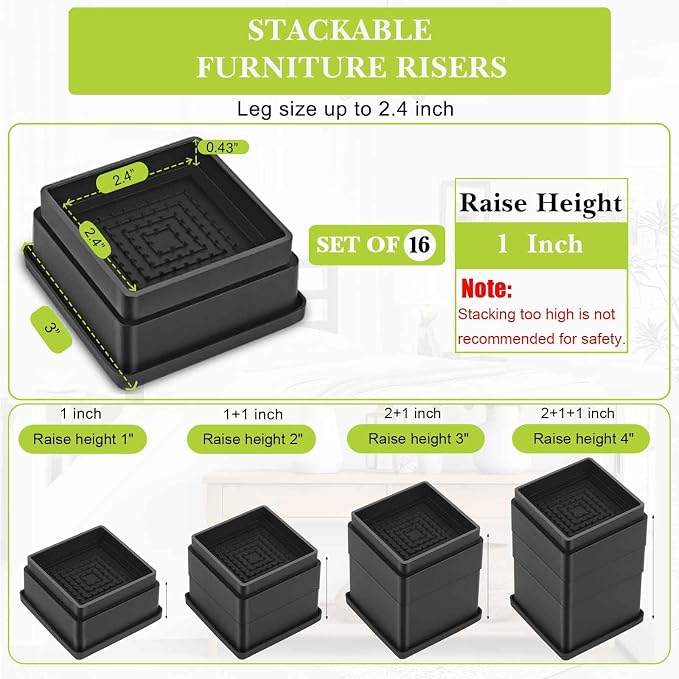 16 Pack Furniture Risers 1 Inch, Adjustable Bed Risers Heavy Duty for Table Desk Couch Chair Sofa Cabinet Bed Frame Dorm, Square Stackable Table Leg Risers Lift Height 1", 2" or 3", Black