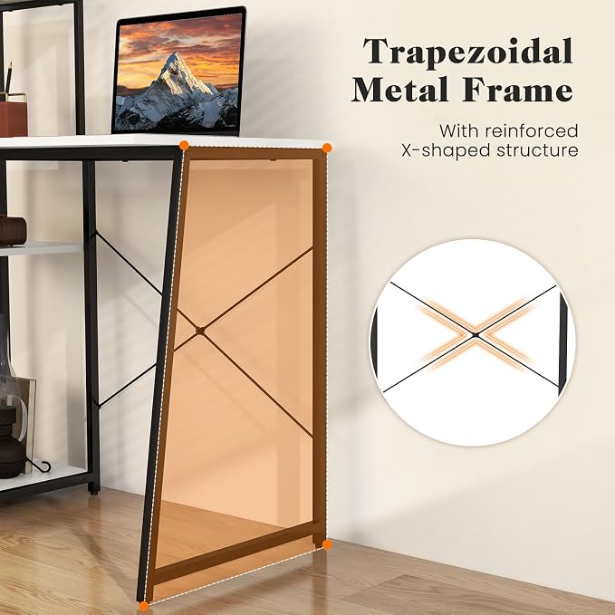 Tangkula Computer Desk with Shelves, Space Saving Home Office Desk with 3-Tier Ladder Shaped Storage Bookshelf, Modern Writing Study Desk with Metal Frame, Compact Computer Workstation (White)