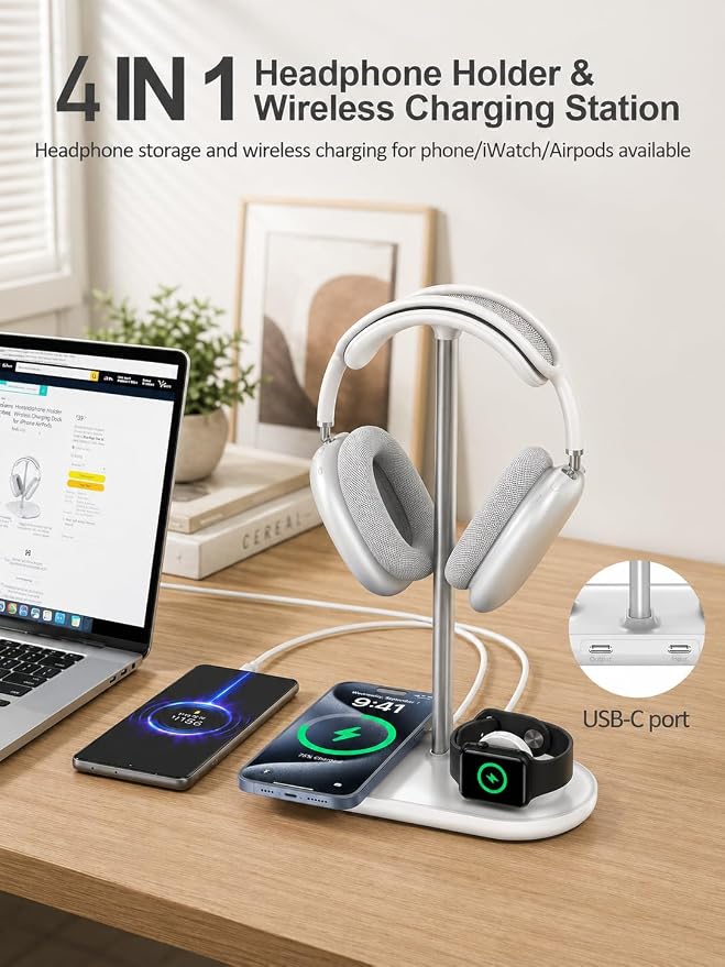 TopMade Airpod Max Charger Stand with 15W Wireless Charger, 4 in 1 Headphone Stand Headset Holder for AirPods Max/Pro/iWatch/Vision Pro, iPhone 17/16/15/14/13/12/11/X for Desktop Gaming Holder, White
