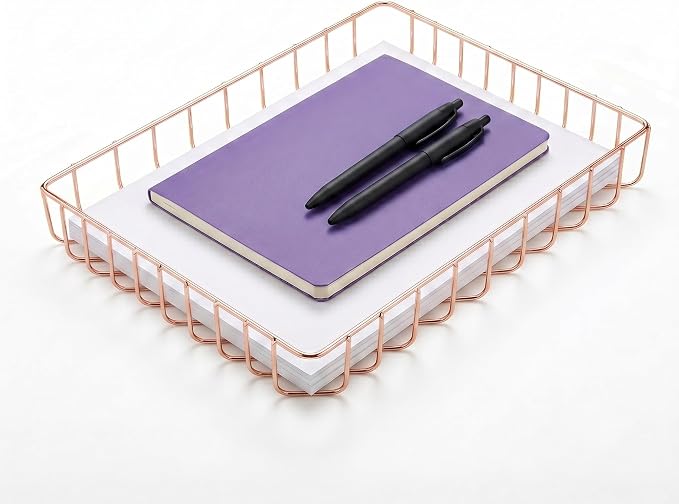 Elegant Gold Wire Desk Tray Organizer - Multipurpose A4 Letter Size File Tray, Premium Metal Mesh Document & Magazine Holder, Luxury Storage Basket for Office, Vanity, & Bathroom, Rose Gold